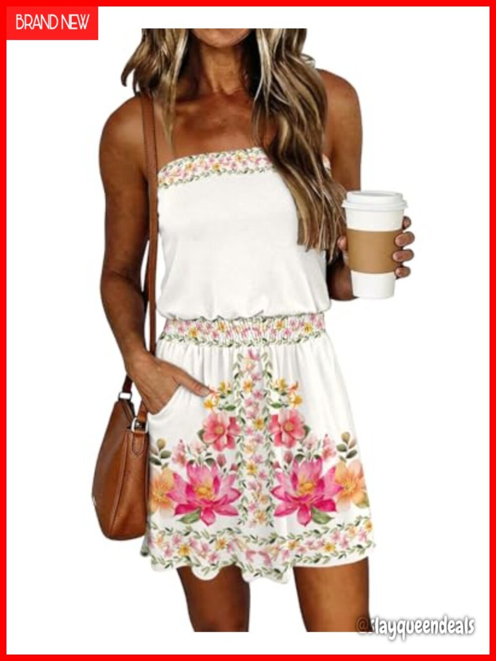 SAUKOLE Strapless Smocked Waist Sundress Mini with Pockets